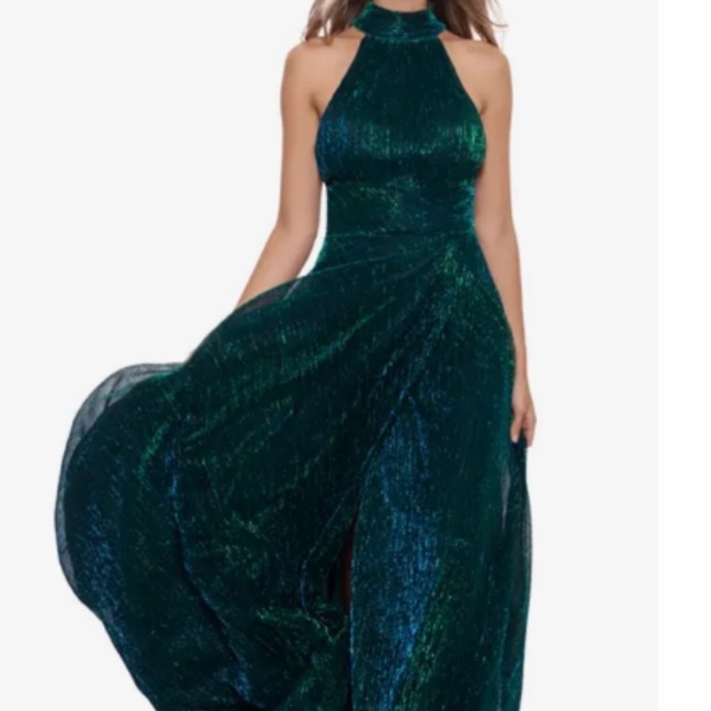 Betsy & Adam Halter Mock Neck Crinkle Faux Wrap Metallic Gown Jade Green Size 2